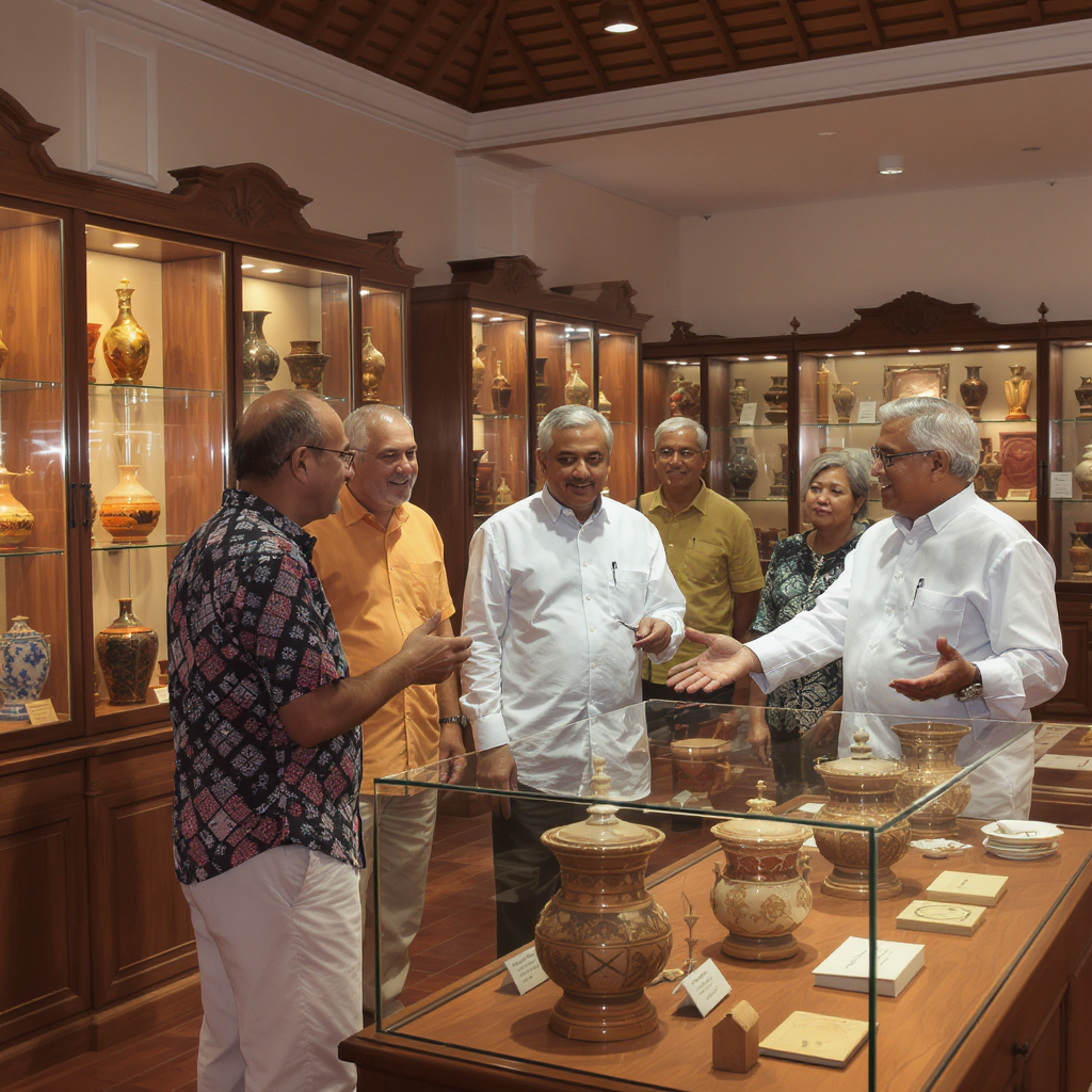 Diskusi kelompok dosen di Museum Karangasem dengan latar koleksi artefak
