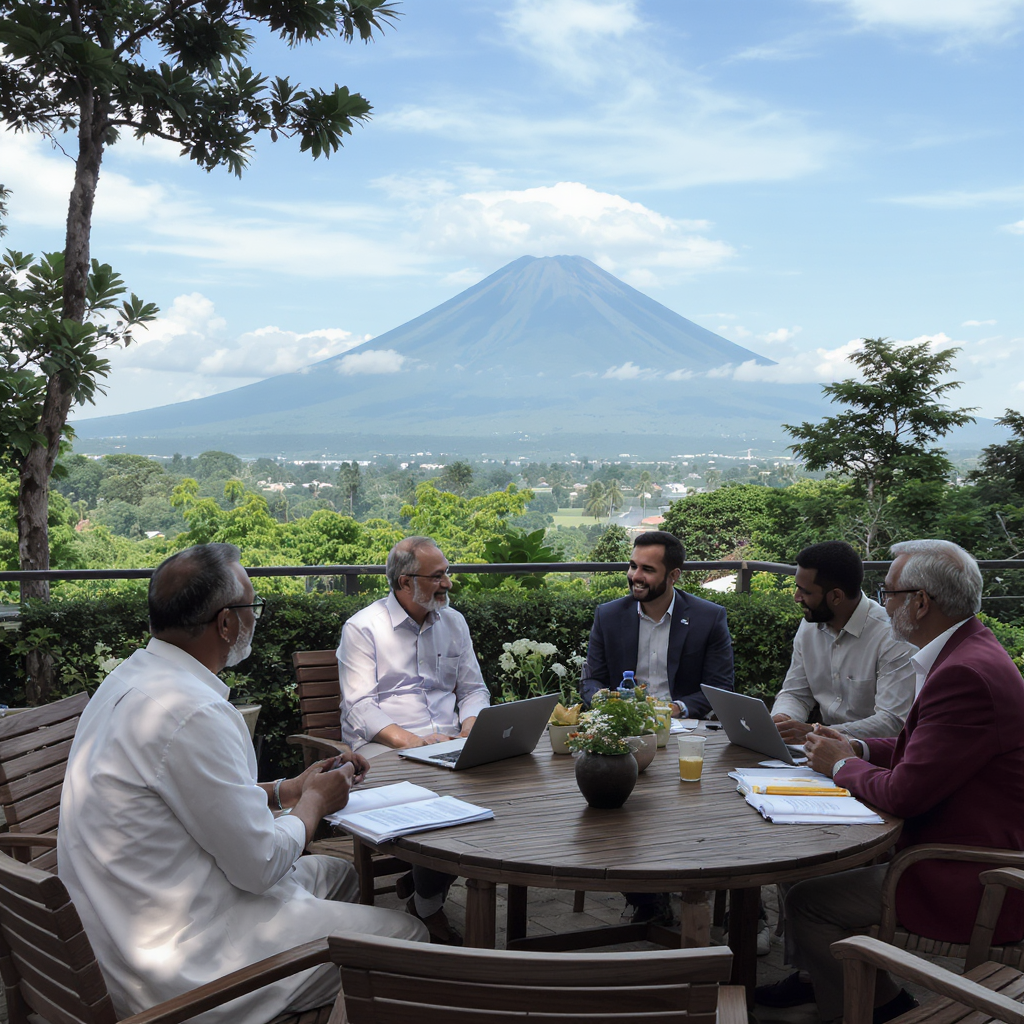 Kelompok dosen sedang diskusi di ruang terbuka dengan pemandangan Gunung Agung di Karangasem