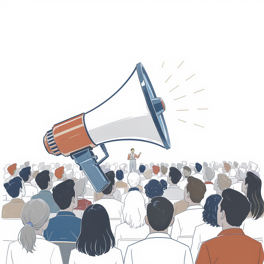 Ikon seminar dengan simbol megaphone dan orang berkerumun
